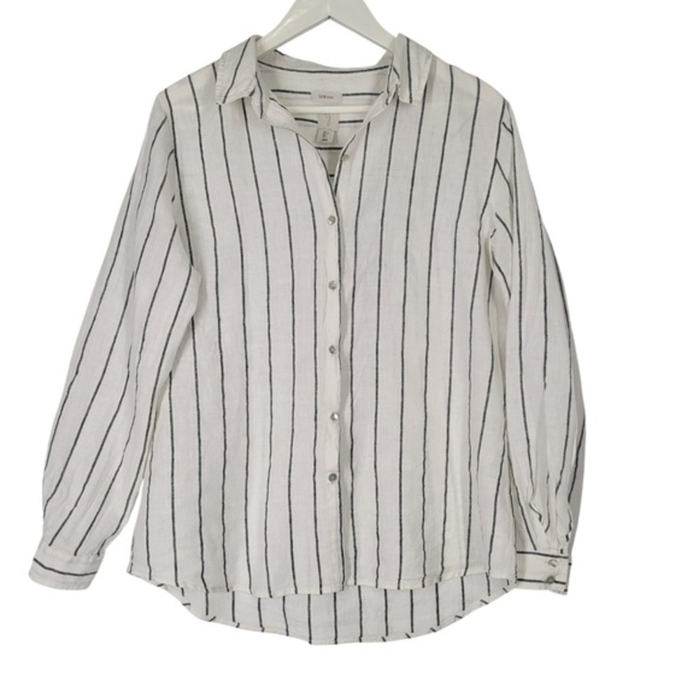 JOIE 100% Linen Striped Button Down Shirt Women‎ Large White Black Long Sleeve